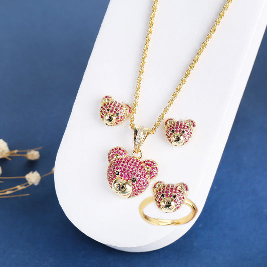 ✨ 3pcs Sparkling Bear Jewelry Set for Girls – Cubic Zirconia Necklace, Earrings & Ring | Cute Accessories for Kids & Teens!
