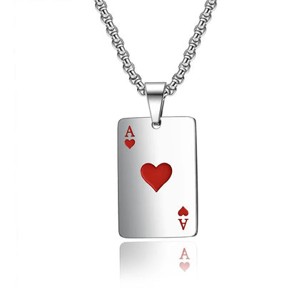 Silver necklace with a rectangular pendant featuring a red heart and playing card symbols on a white background.