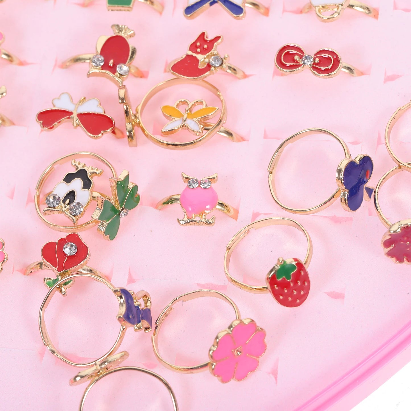 12/36 Pcs Adjustable Alloy Baby Girl Rings with Heart Shaped Box Cartoon Mix Finger Jewellery Rings Kid Girls Toys Random Color