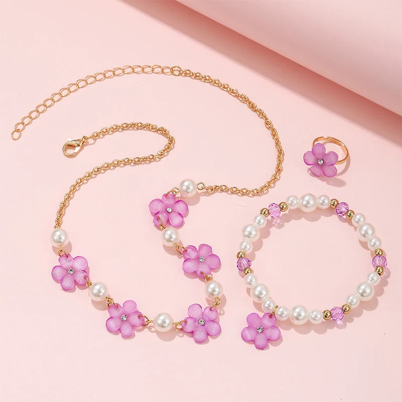 3Pcs Flower Charm Jewellery Set for Girls – Necklace, Beads Bracelet & Ring | Kids Party & Birthday Gift Accessories!