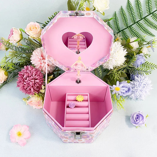 Octagonal Daisy-Printed Music Jewellery Box with Mirror – Hand-Cranked Musical Storage Box for Earrings & Necklaces | Children's Gift Keepsake Box