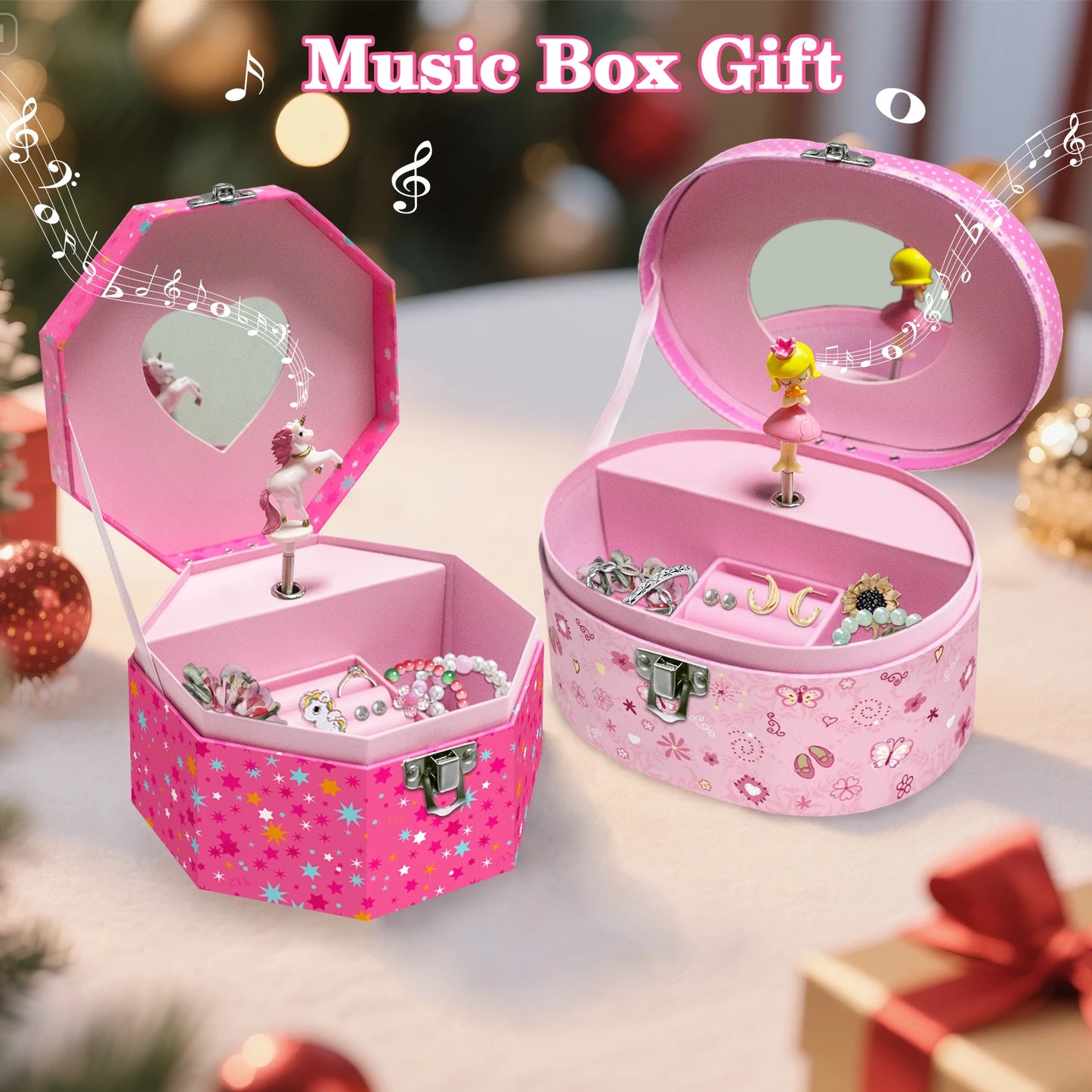 Girl’s Musical Jewellery Box – Octagonal & Elliptical Hand-Cranked Music Box with Mirror | Rings, Necklaces, Earrings Storage Organizer!
