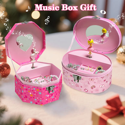 Girl’s Musical Jewellery Box – Octagonal & Elliptical Hand-Cranked Music Box with Mirror | Rings, Necklaces, Earrings Storage Organizer!