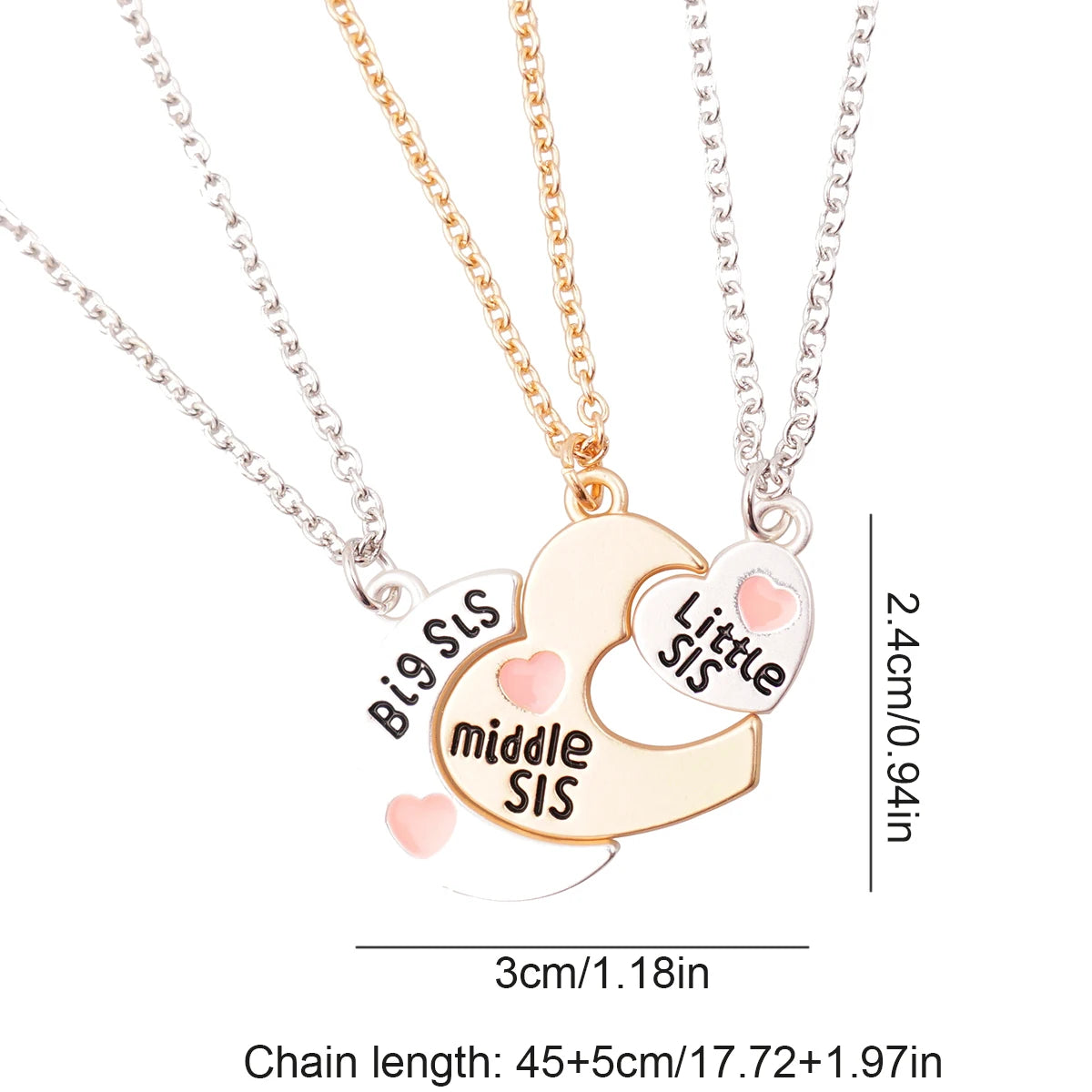 3-Piece Split Heart Sister Necklace Set – Big Sis, Middle Sis & Little Sis Pendant Necklaces | BFF Friendship Jewellery Gift!
