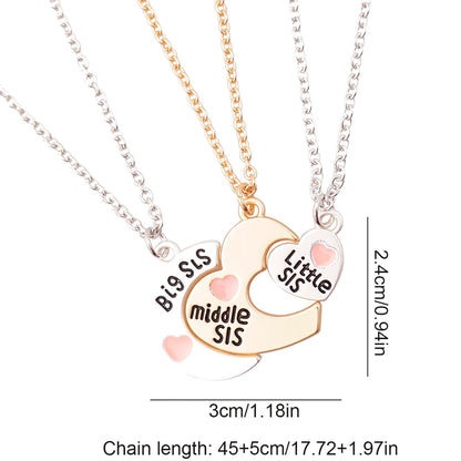 3-Piece Split Heart Sister Necklace Set – Big Sis, Middle Sis & Little Sis Pendant Necklaces | BFF Friendship Jewellery Gift!