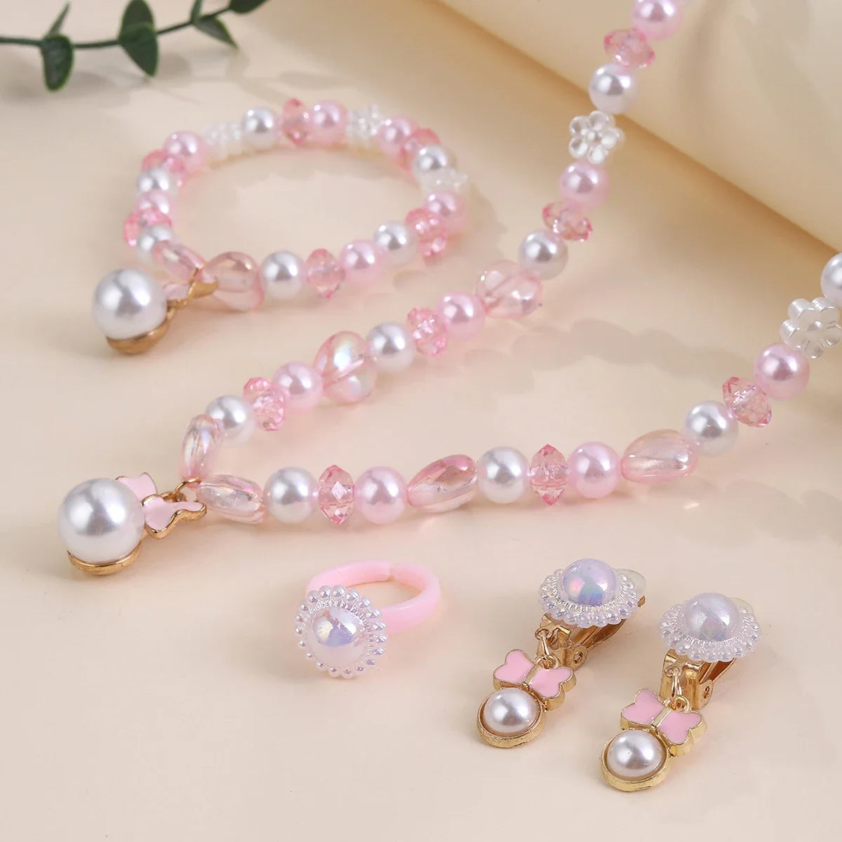 5-Piece Kids Jewellery Set with Pink Bow Pendant – Pearl Beads Necklace, Bracelet, Earrings & Ring | Party Jewellery Set for Girls!