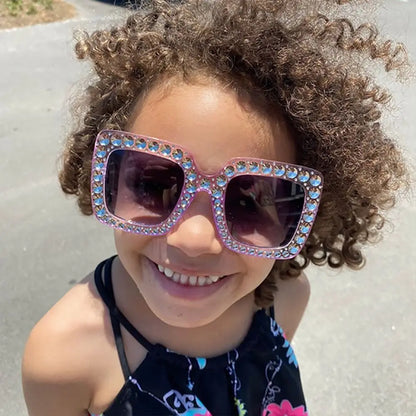 🌈 Sparkling Princess Kids Sunglasses – Oversized Rhinestone Shades with UV400 Protection | Colorful Square Sunglasses for Girls!