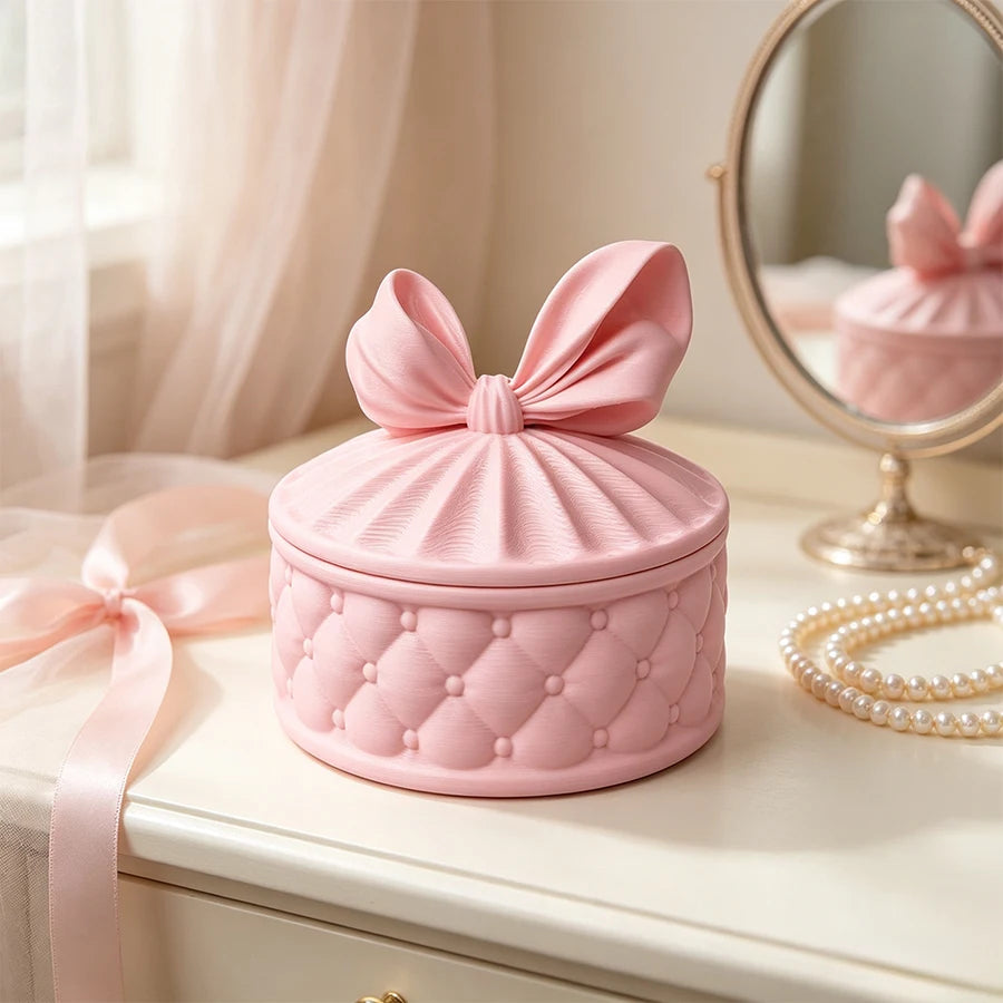 Pink Bowknot Jewellery Storage Box for Girls | Round Dust-Proof Jewellery Organiser | Cute Dresser Decoration & Gift!