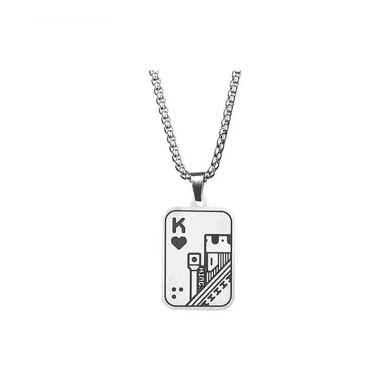 A silver-toned necklace featuring a rectangular pendant designed like a playing card King of Hearts, suspended from a matching chain against a plain white background.