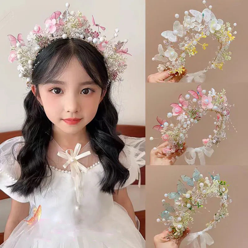 Elegant Pearl Butterfly Wreath Headband for Girls – Princess Flower Hairband for Weddings, Parties & Special Occasions | Flower Girl Hair Accessory