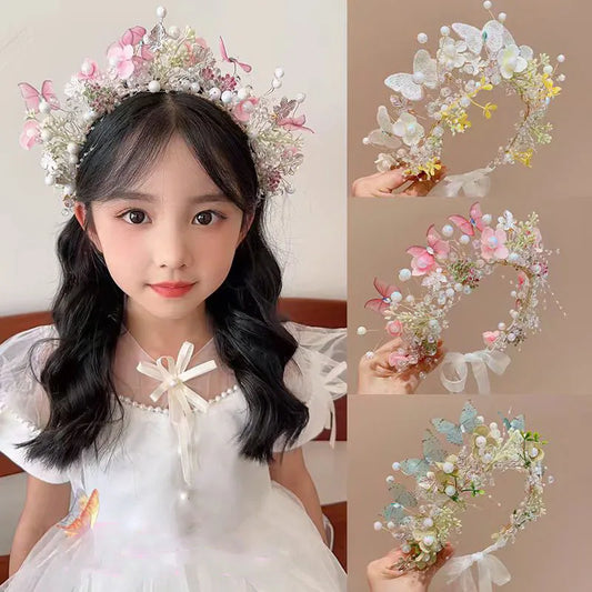 Elegant Pearl Butterfly Wreath Headband for Girls – Princess Flower Hairband for Weddings, Parties & Special Occasions | Flower Girl Hair Accessory