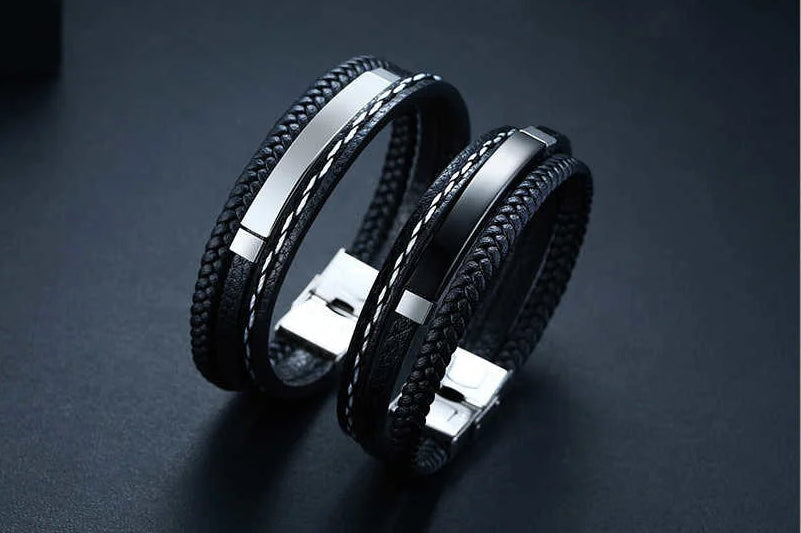 Personalised Stainless Steel Leather Bracelet for Boys & Teens | Engravable Multi-Layer ID Bangle | Birthday Gift!