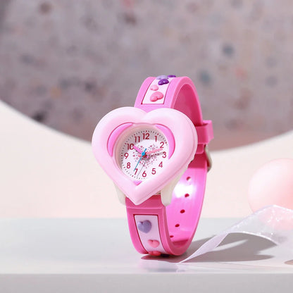 3D Heart-Shaped Quartz Watch for Girls | Kids Learning Time Wristwatch!