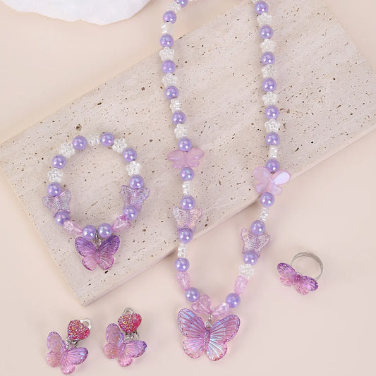 Princess Butterfly Jewellery Set for Girls – Purple Pearl Earrings, Bracelet, Necklace & Ring Set!