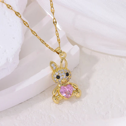 Sweet Pink Rabbit Crystal Jewelry Set for Girls 🩷 | 18K Gold Plated Stainless Steel Necklace & Earrings | Luxury Pink Zircon Bunny Gift 🎁✨