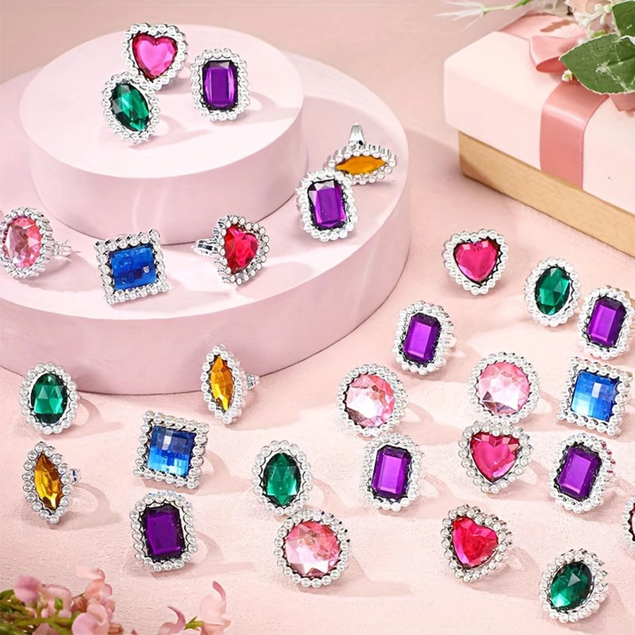 Colourful Rhinestone & Gemstone Adjustable Ring for Kids | Sparkly Dress-Up & Role-Play Jewellery | Girls Pretend Ring!