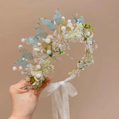 Elegant Pearl Butterfly Wreath Headband for Girls – Princess Flower Hairband for Weddings, Parties & Special Occasions | Flower Girl Hair Accessory