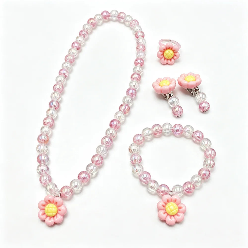 Baby Girl Flower Jewellery Set – Pink Resin Beaded Necklace, Bracelet, Earrings & Ring | Party Dress-Up Gift!