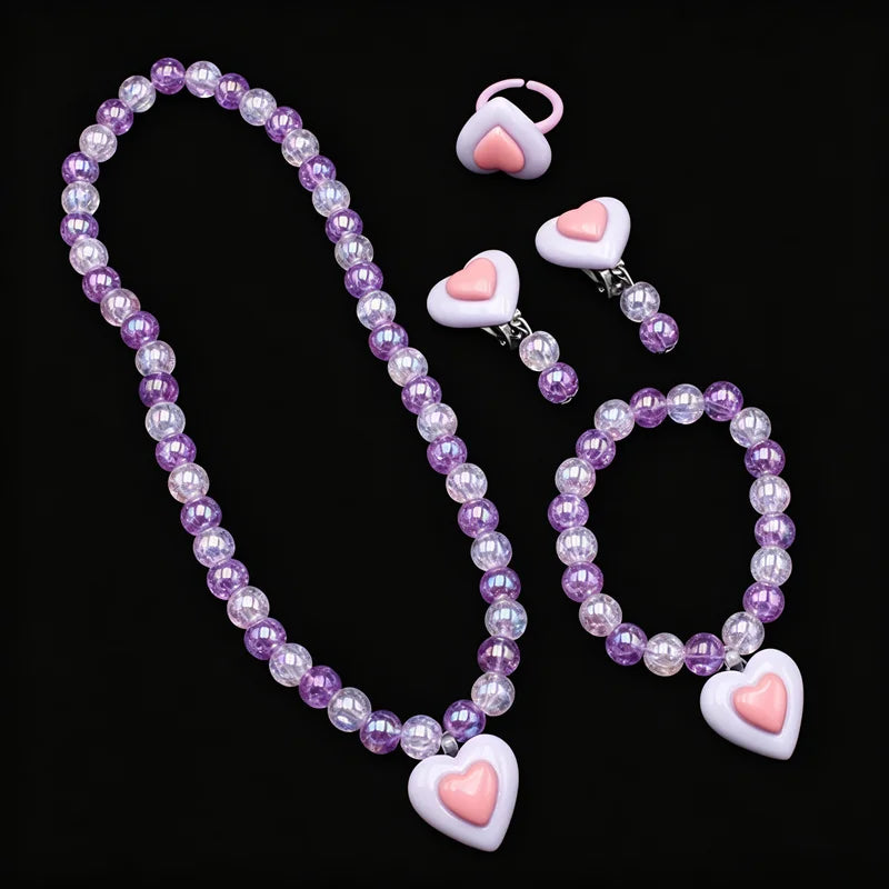 Kids Pink Heart Jewellery Set – Resin Beaded Necklace, Bracelet, Earrings & Ring | Princess Dress Up Gift for Girls!