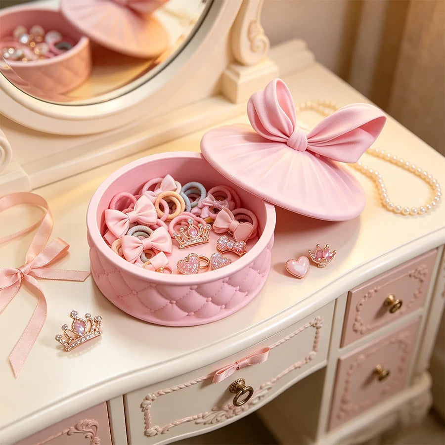 Pink Bowknot Jewellery Storage Box for Girls | Round Dust-Proof Jewellery Organiser | Cute Dresser Decoration & Gift!
