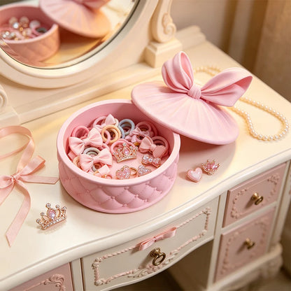 Pink Bowknot Jewellery Storage Box for Girls | Round Dust-Proof Jewellery Organiser | Cute Dresser Decoration & Gift!