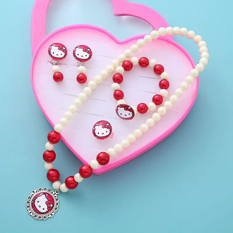 Adorable Hello Kitty Jewelry Set: Clip Earrings, Necklace, Bracelet, Ring for Kids!