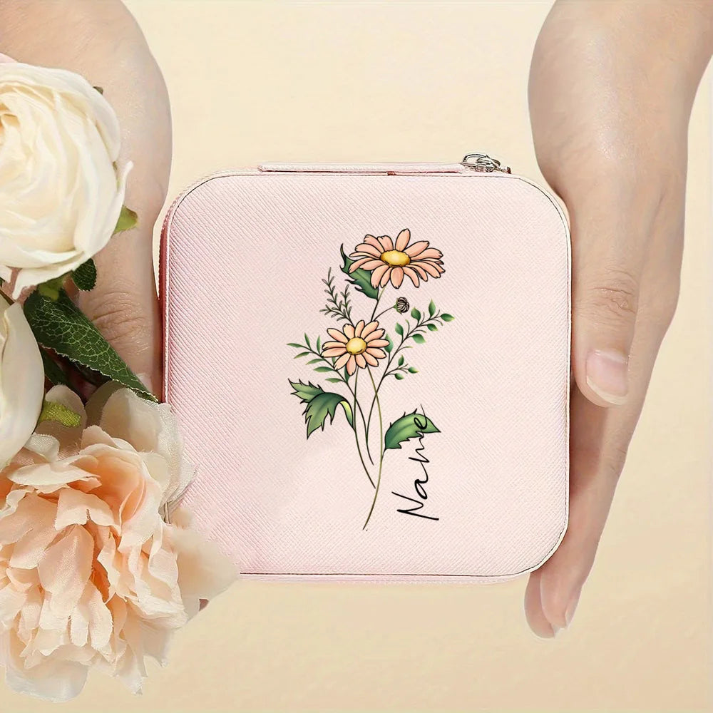 Personalised Birth Flower Jewellery Box with Name | Travel Jewellery Organiser | Birthday Gift for Girls & Women!