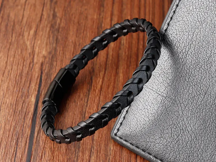 Boys Black Leather Bracelet – Stainless Steel PVD Plated Woven Genuine Leather Wristband | Stylish Kids Fashion Accessory