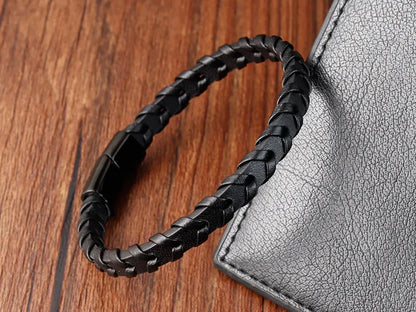Boys Black Leather Bracelet – Stainless Steel PVD Plated Woven Genuine Leather Wristband | Stylish Kids Fashion Accessory