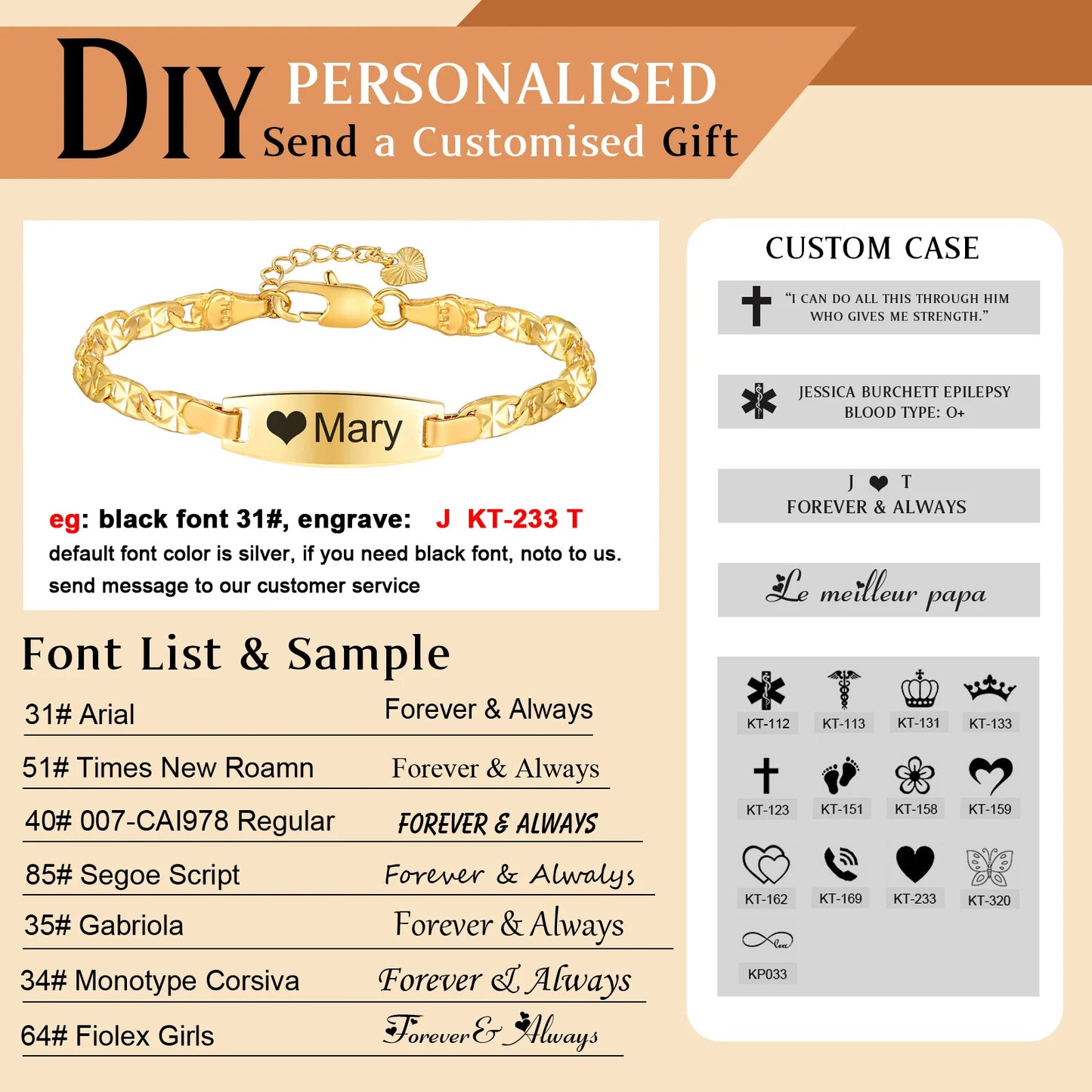 Gold bracelet with engraving options and font list on a beige background