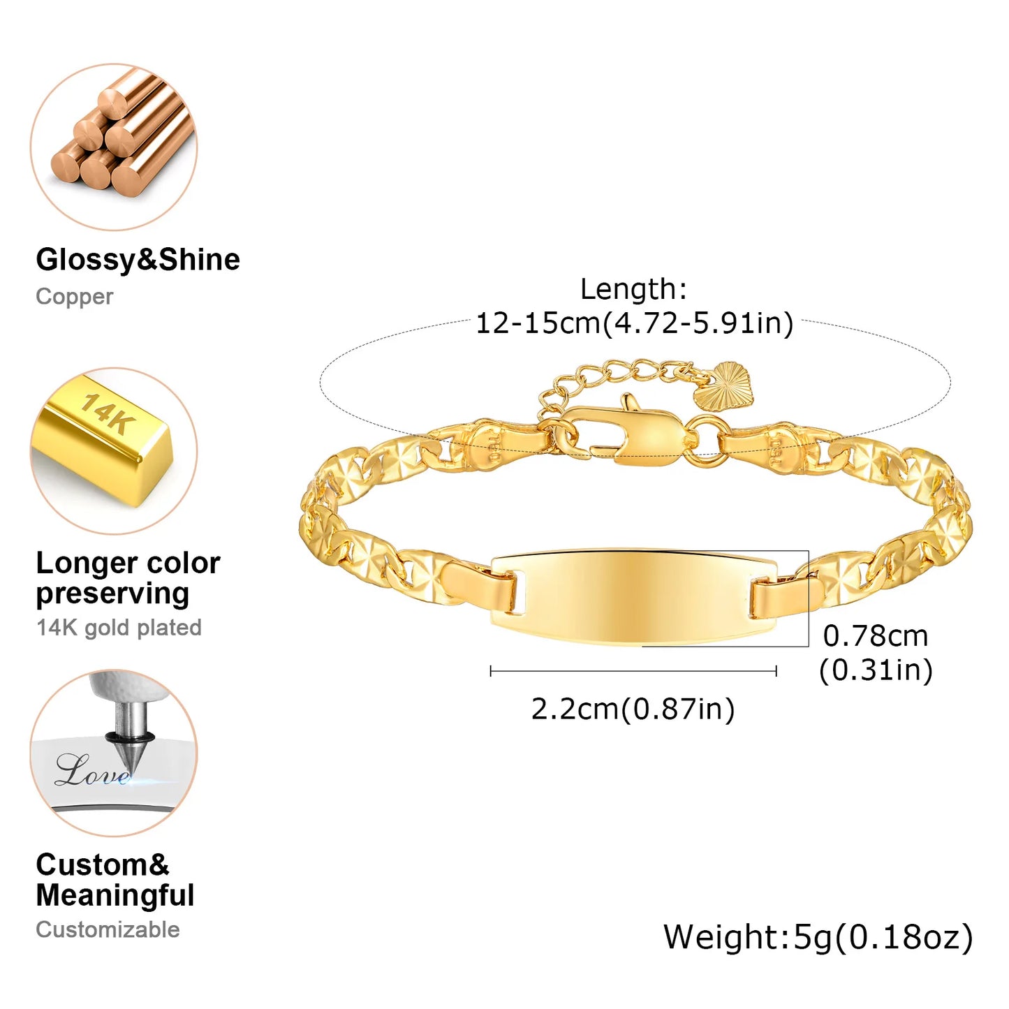 Gold bracelet with measurements and features on a white background