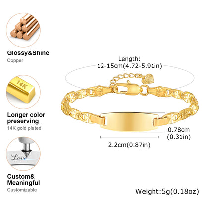 Gold bracelet with measurements and features on a white background