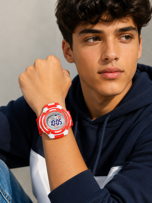 Unisex digital waterproof sport watch with LED display for kids and teens.