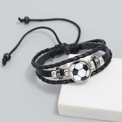 Durable leather wristband featuring football design details.