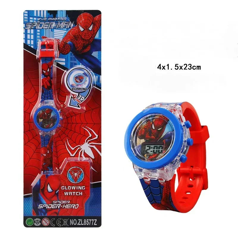 Boy wearing superhero cartoon LED wristwatch
