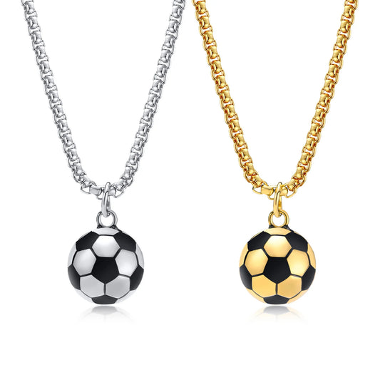 Boy wearing stainless steel football pendant necklace.