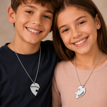 Brother and sister stainless steel heart puzzle necklace set with matching pendants.