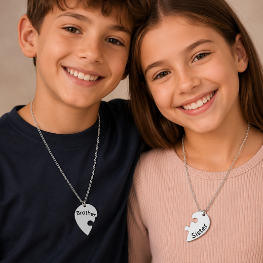 Brother and sister stainless steel heart puzzle necklace set with matching pendants.
