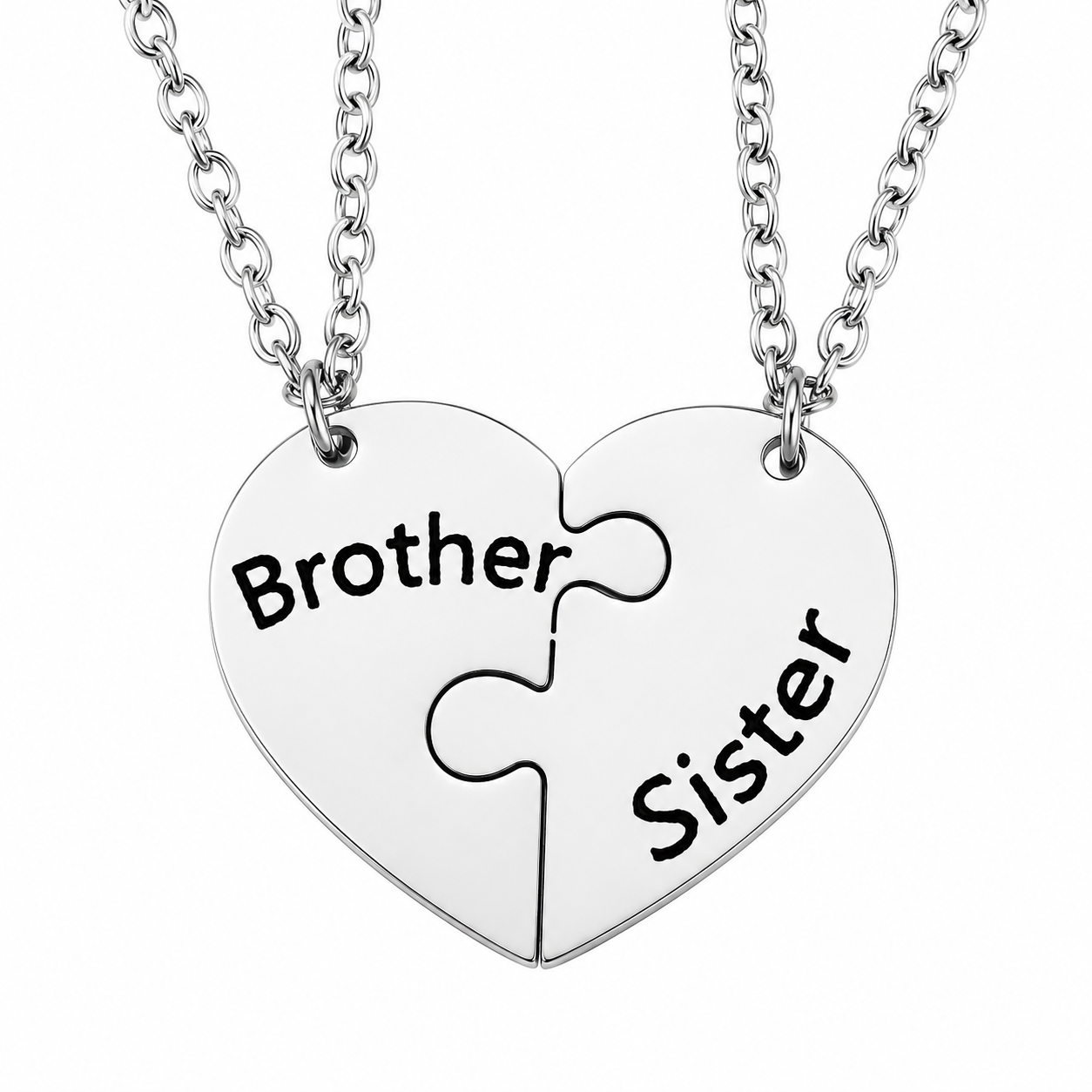 Dimensions and measurements of the brother and sister heart puzzle necklace set.