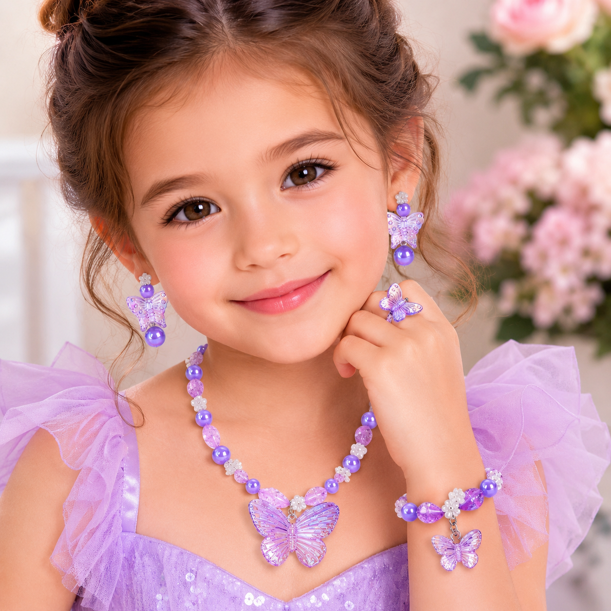 Girls butterfly jewellery set with purple pearl necklace, bracelet, butterfly earrings and adjustable ring on a pastel background.
