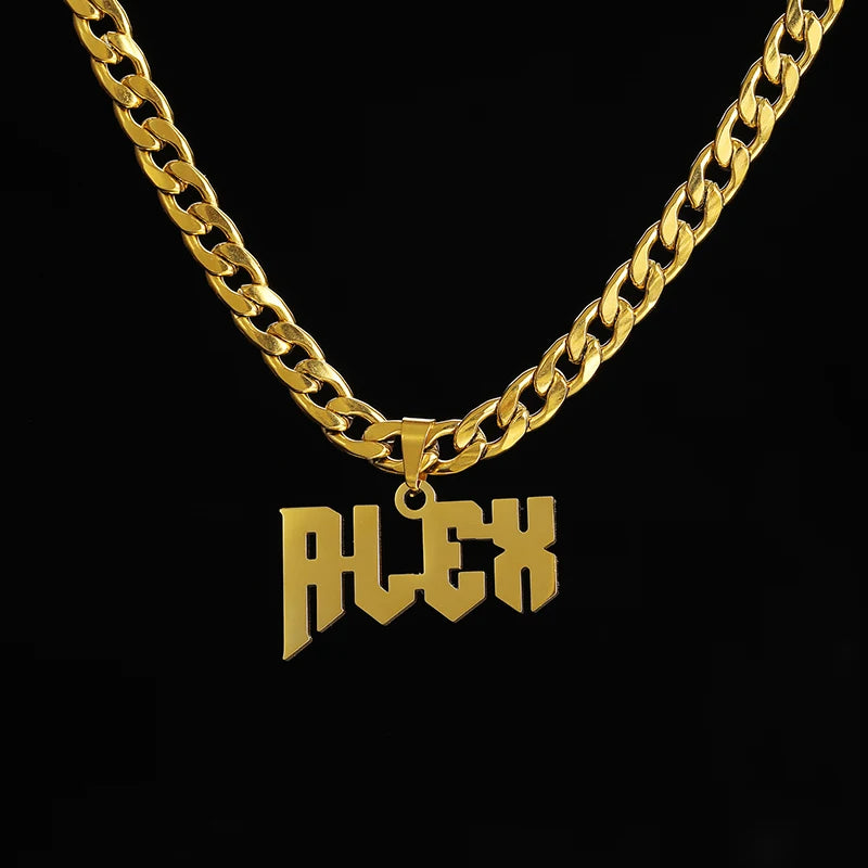 Boy wearing personalized stainless steel name necklace