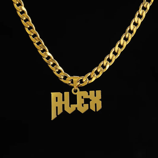 Boy wearing personalized stainless steel name necklace