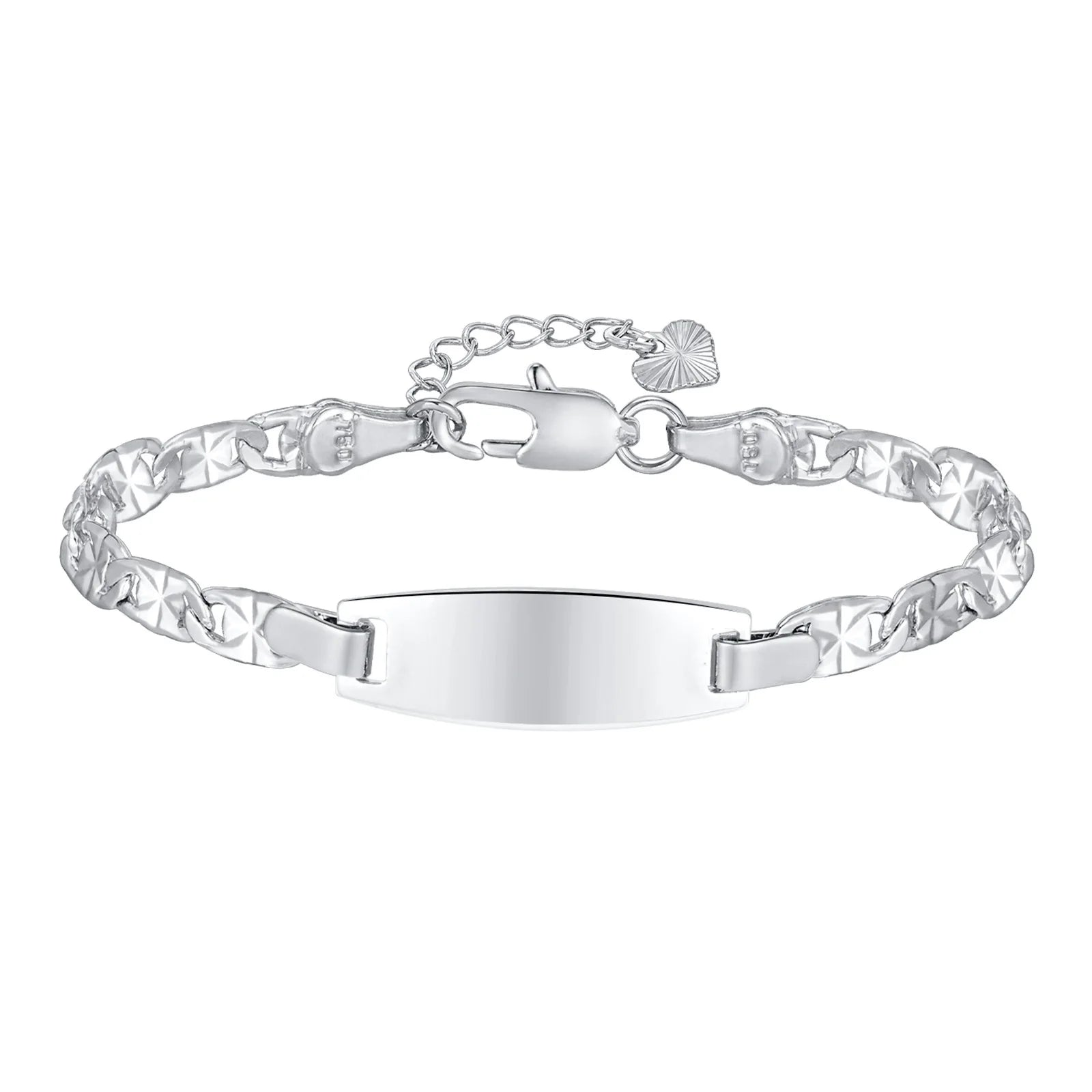 Premium stainless steel baby name bracelet with polished finish.