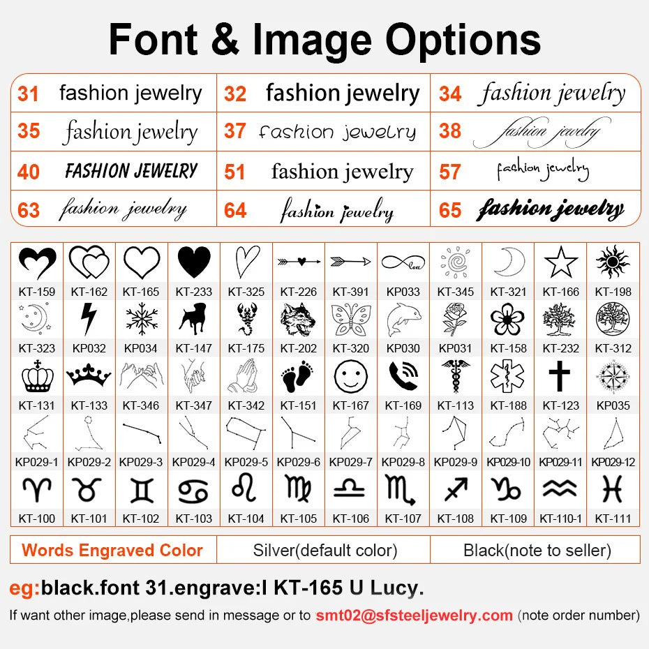 Collection of font and image options for fashion jewelry with various designs and engraving styles.