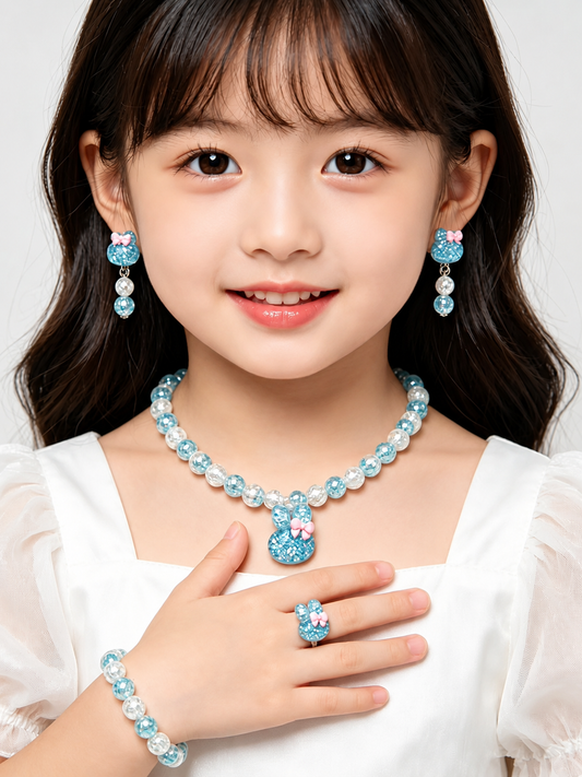Kids blue glitter rabbit jewelry set with necklace bracelet earrings and ring