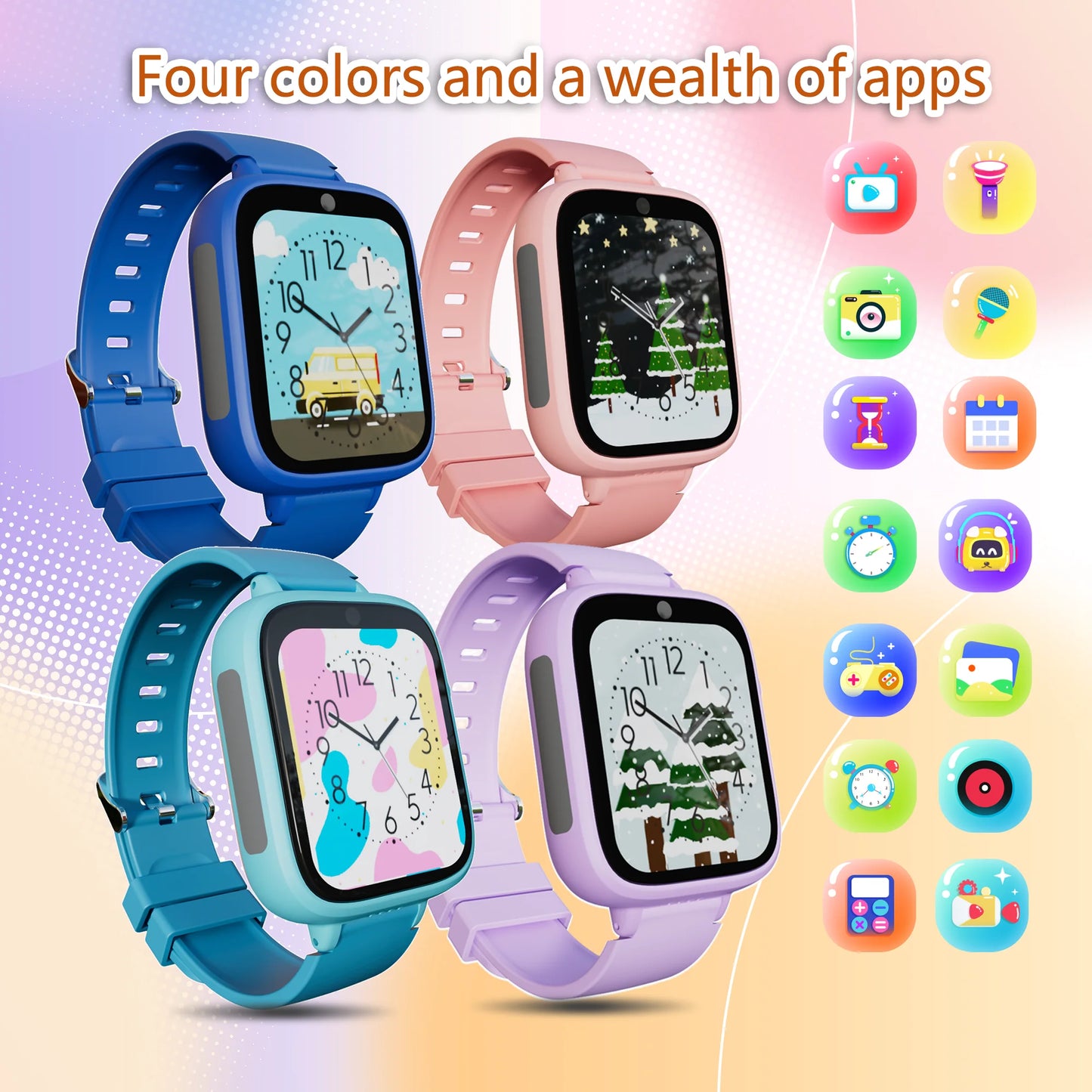 Kids smartwatch with touchscreen, camera, games and music.