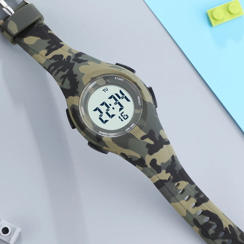 Shock-resistant digital watch for active children.
