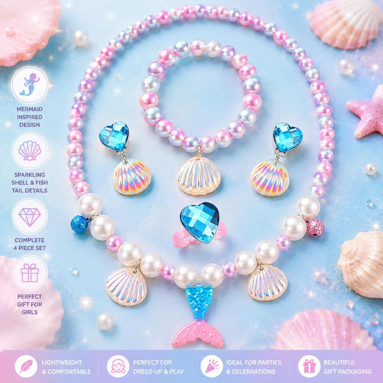 Ocean themed mermaid necklace bracelet earrings ring