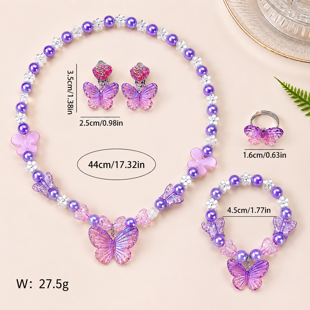 Children's butterfly bracelet with purple pearl beads and butterfly charm, ideal for party wear and gifts.