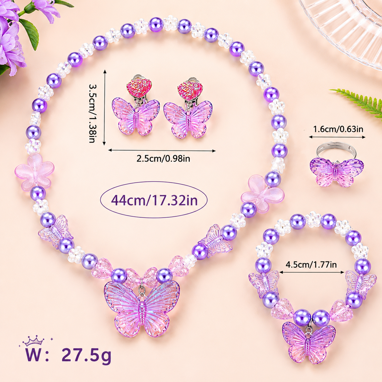 Purple butterfly pendant necklace with pearl beads designed for girls, perfect for birthdays and dress-up occasions.